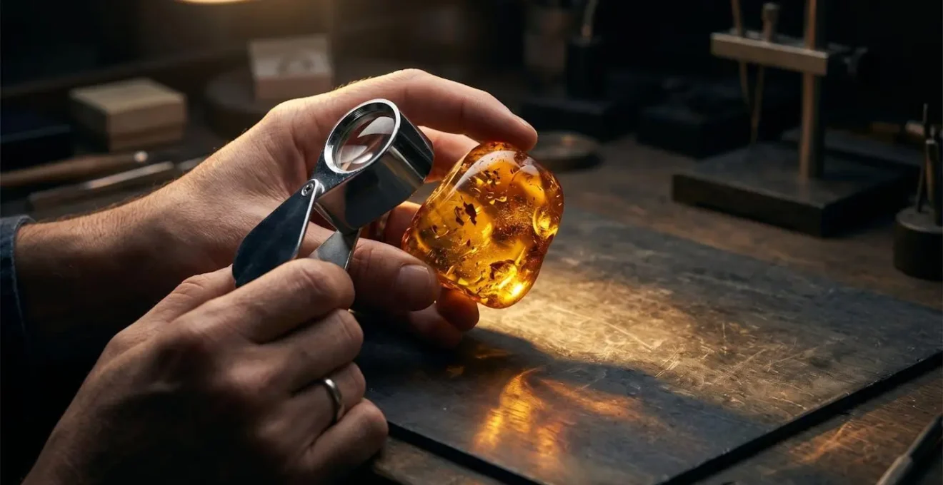 Professional jeweler's hands using triplet loupe to examine Baltic amber for authenticity markers