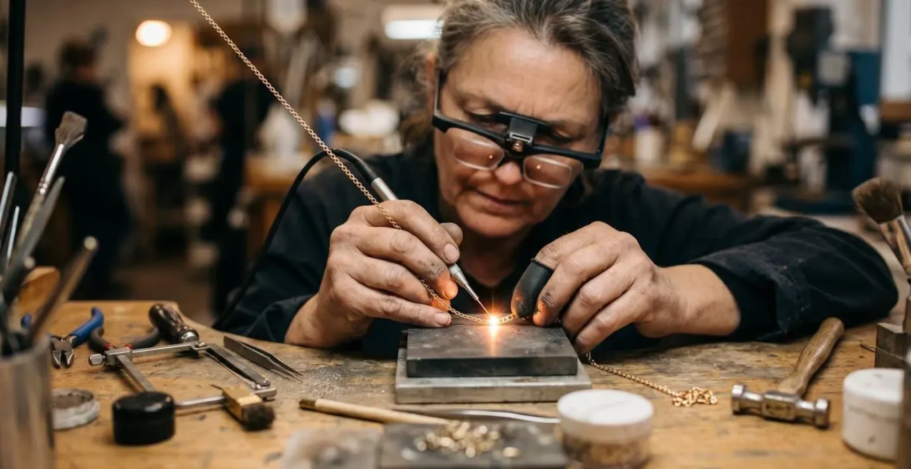 Professional jeweler using laser welding equipment on a delicate gold chain