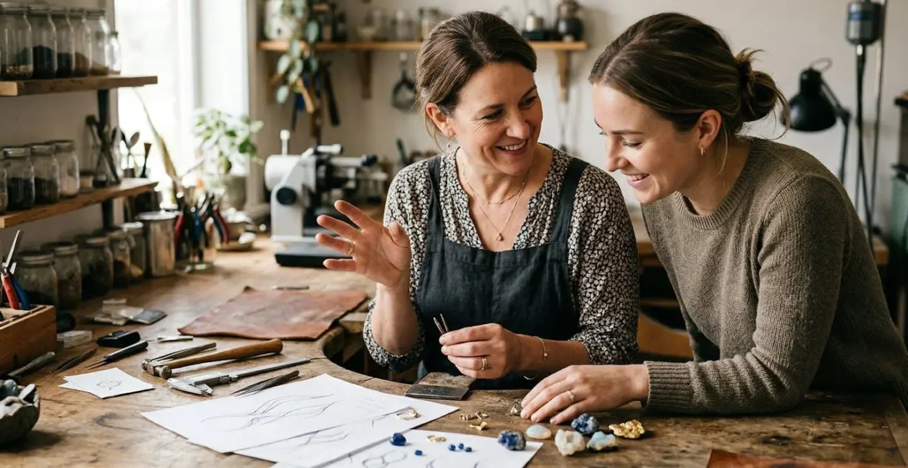 Jeweller and client reviewing design sketches together at workshop bench