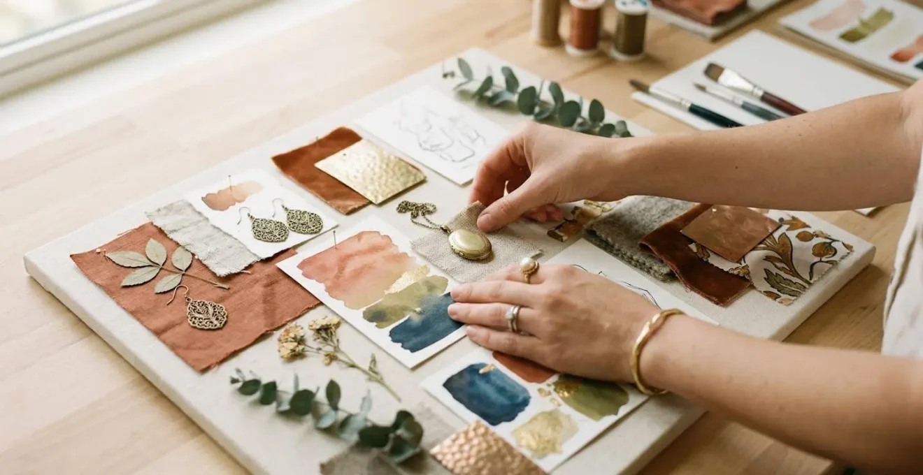 Overhead view of jewelry design mood board with fabric swatches, metal samples, and nature elements