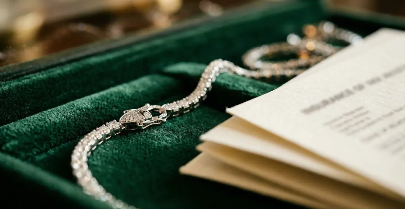 Close-up of jewelry appraisal documents with luxury parure pieces