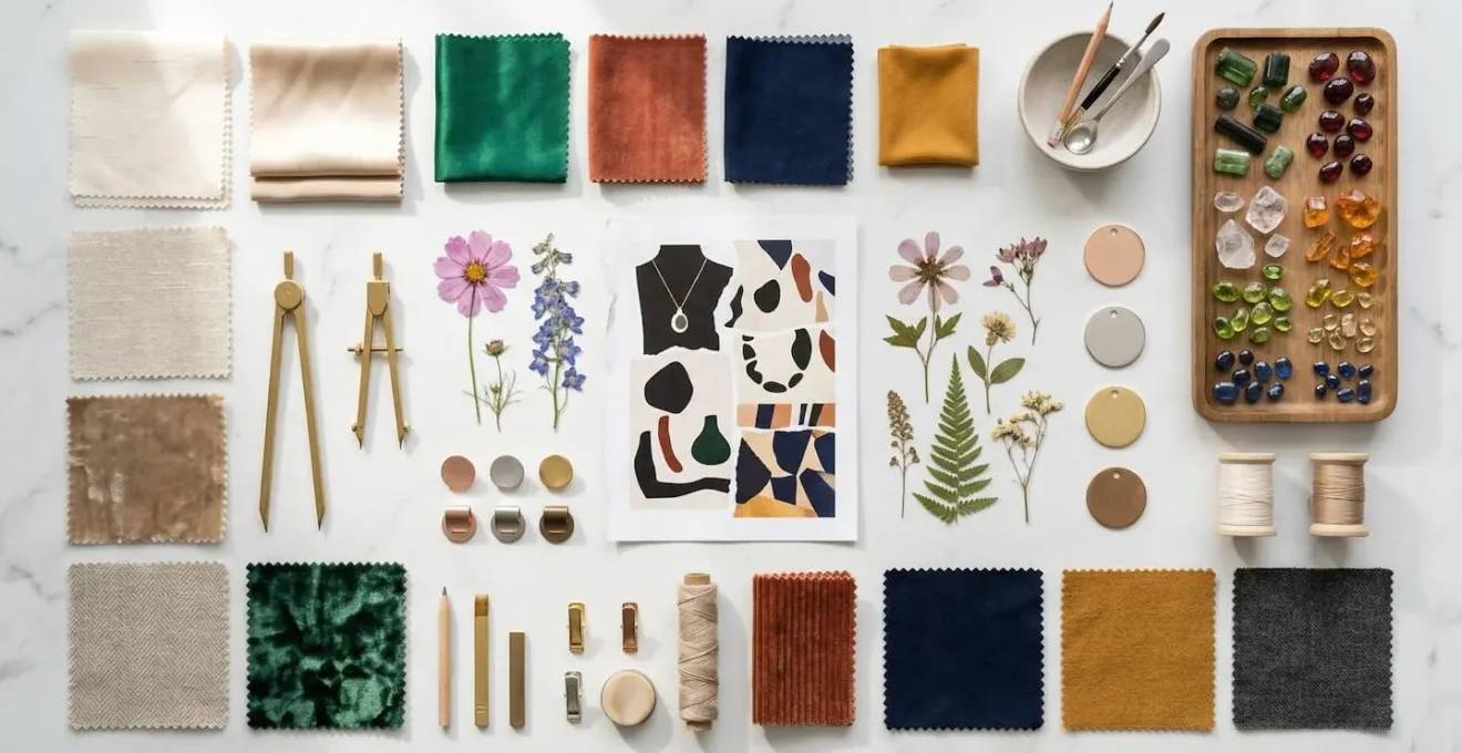 Jewelry design mood board with fabric swatches, gemstones and inspiration photos spread on a designer's table