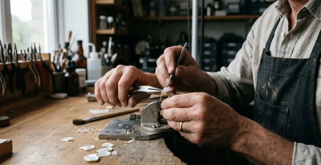 Professional jeweler's workbench showing mother-of-pearl inlay repair tools and materials