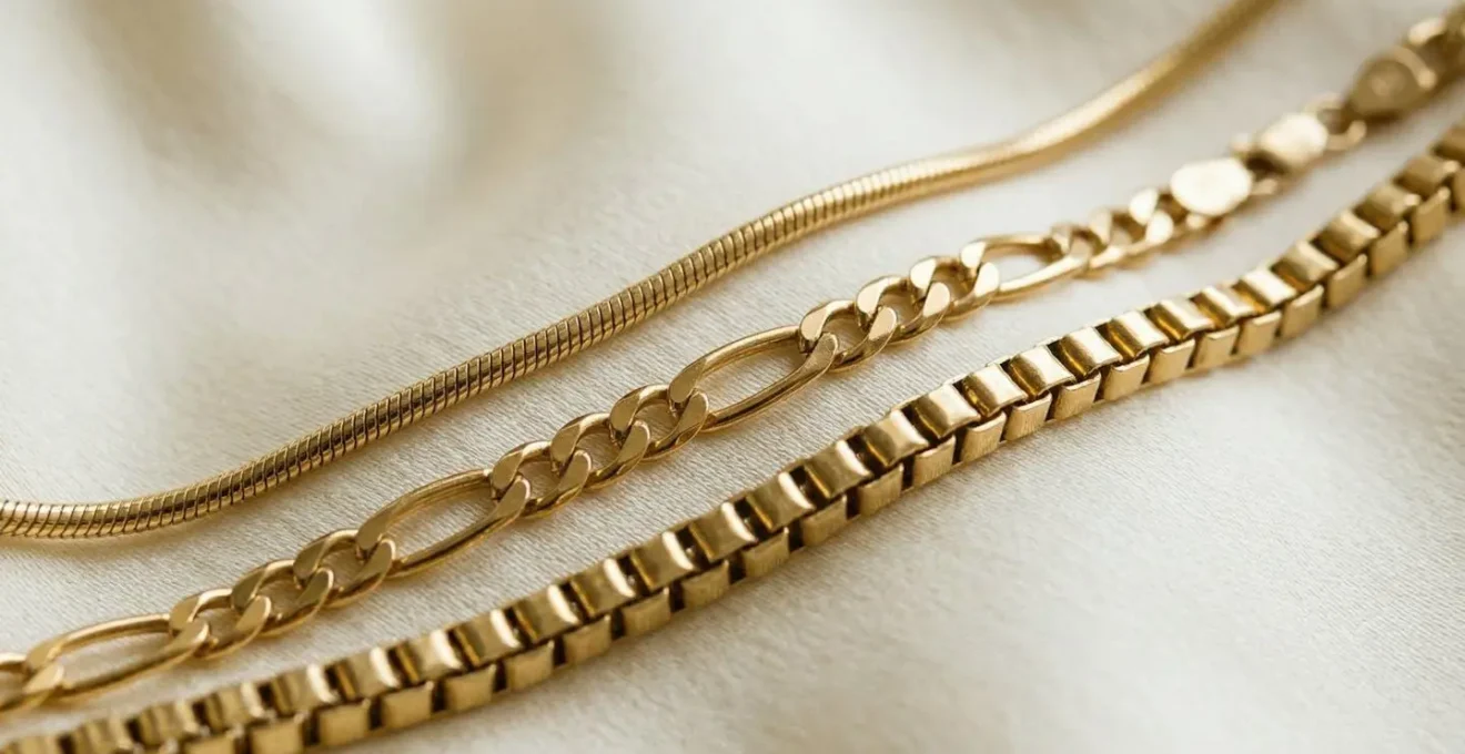 Extreme close-up of three different chain textures layered without tangling