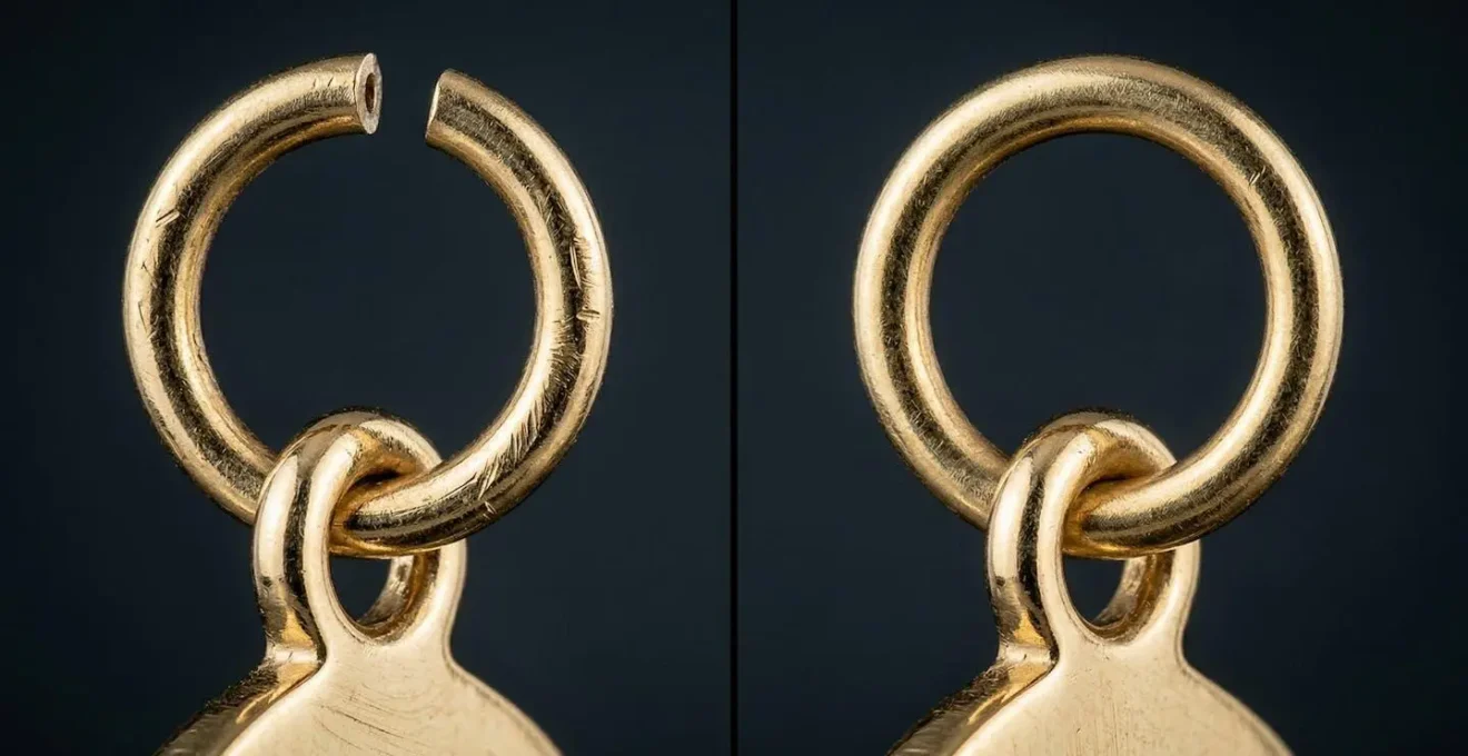 Extreme macro comparison showing the gap in an open jump ring versus seamless soldered ring