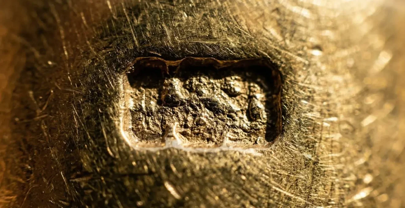 Extreme close-up of 750 hallmark stamp on 18k gold jewelry showing crisp impression depth