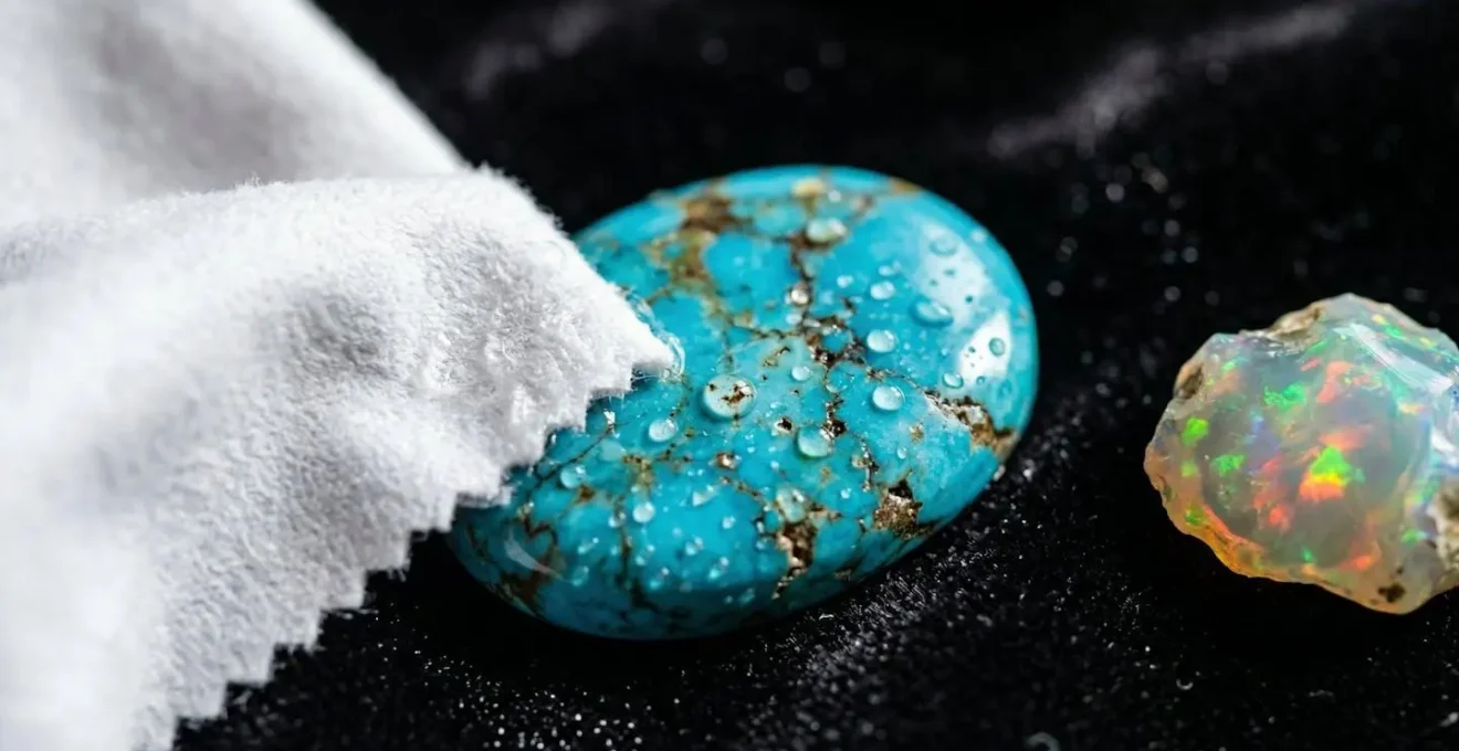 Extreme close-up of turquoise being cleaned with soft cloth