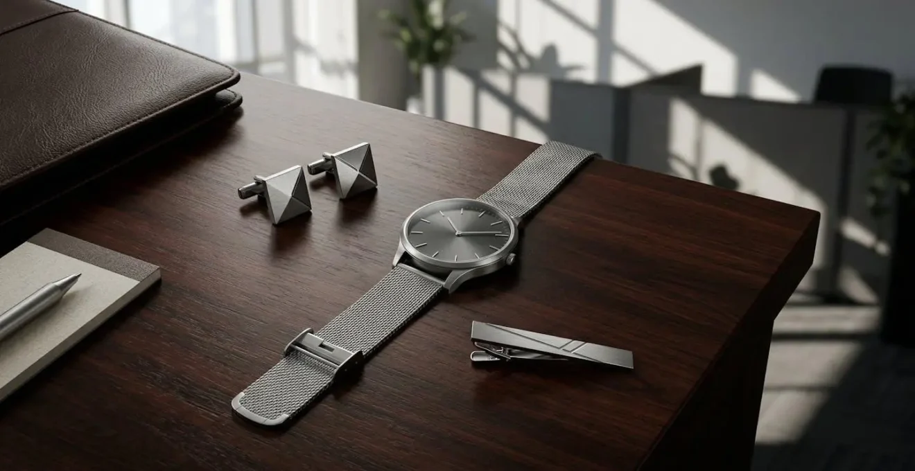 Professional jewelry pieces arranged on dark wood surface in office environment