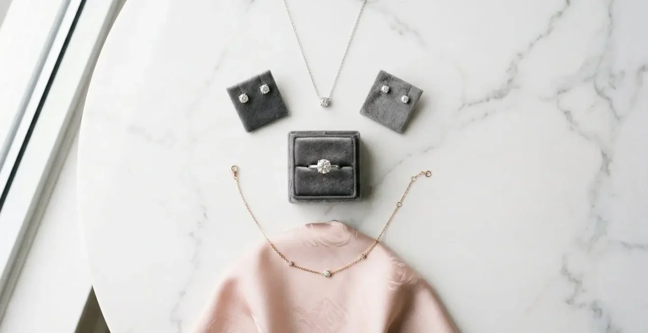 Elegant flatlay of mixed metal wedding jewelry pieces arranged harmoniously