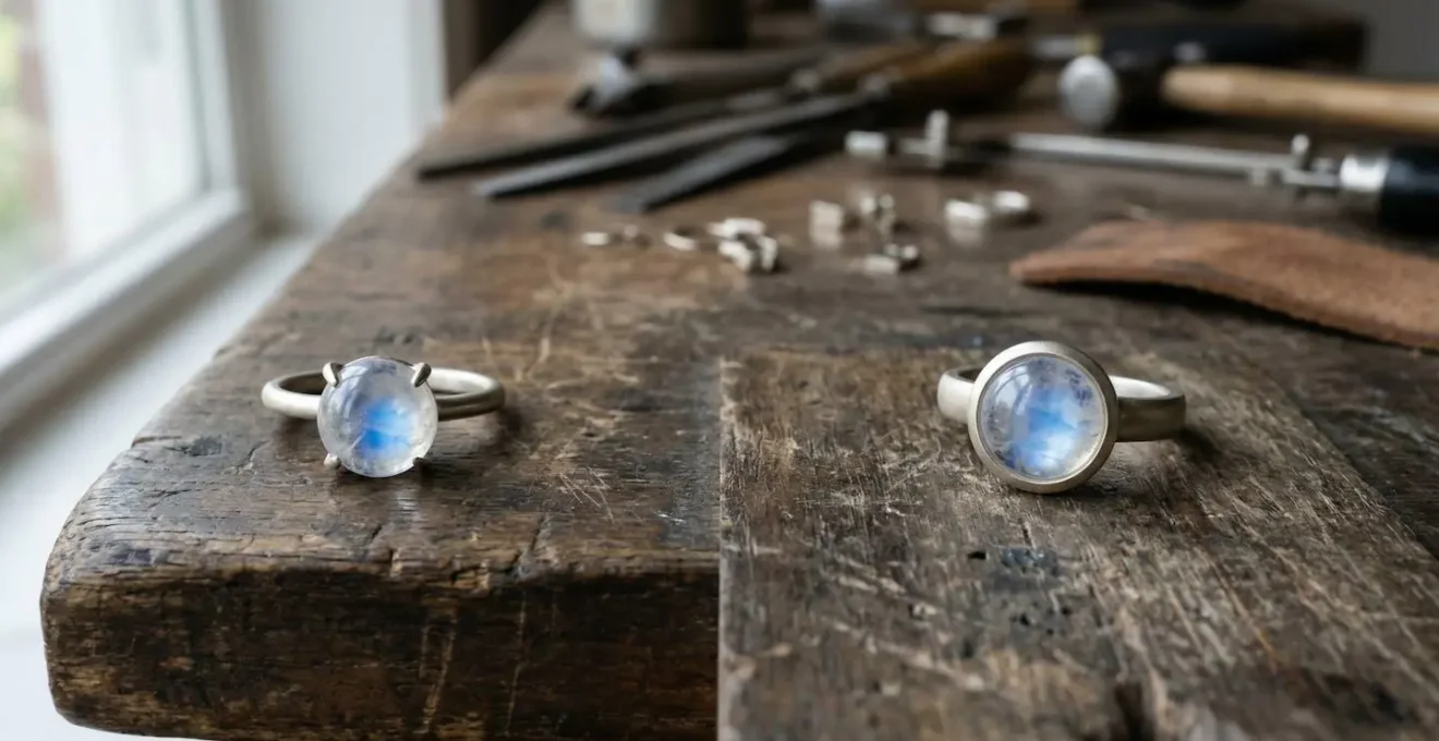 Comparative view of moonstone in prong versus protective bezel settings showing safety differences