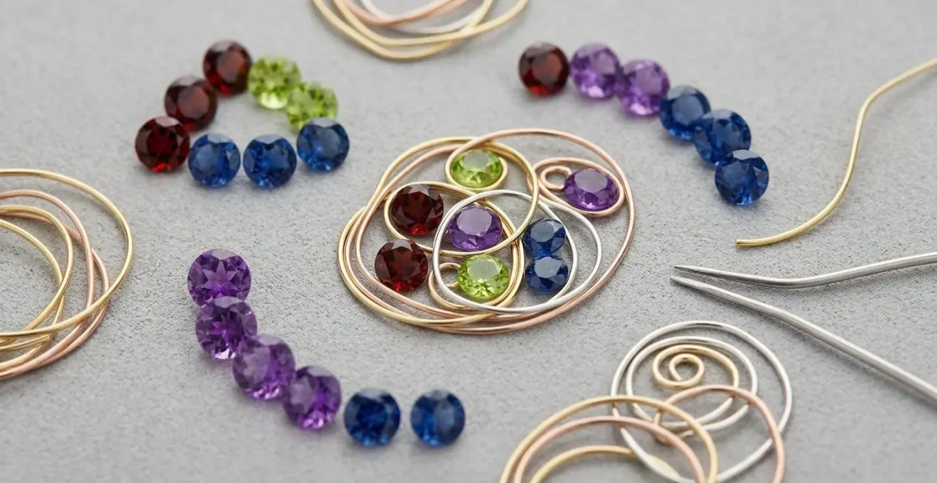 Professional jewelry design showing harmonious arrangement of multiple colored birthstones