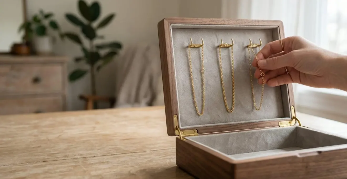 Jewelry box with properly fastened gold chains hanging on individual hooks