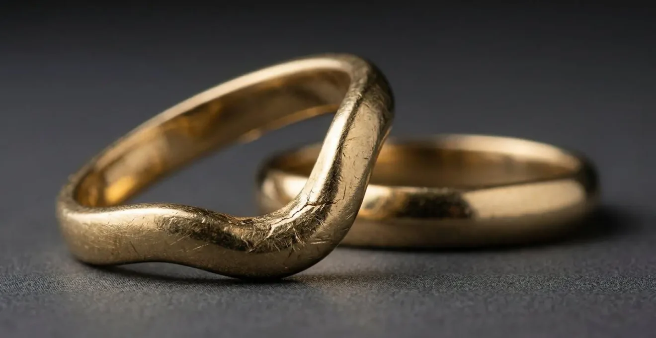 Macro shot of curved wedding band showing structural weakness at the notch point with light highlighting the thin metal area