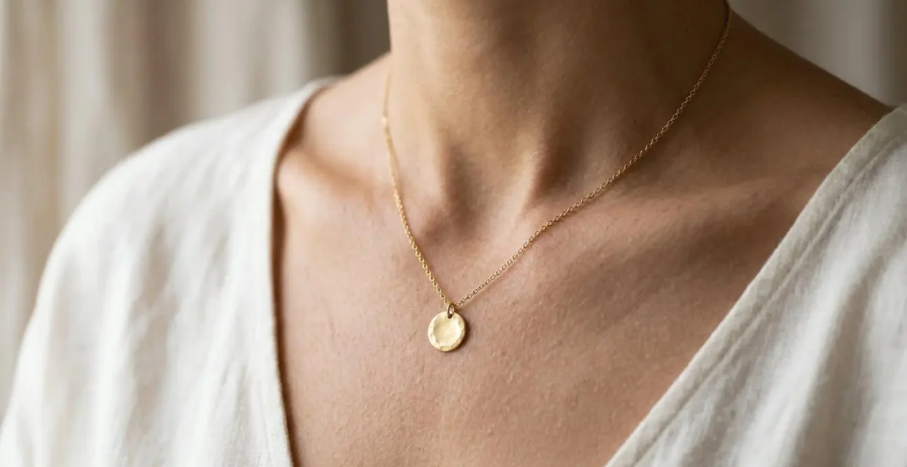 Close-up of an off-center pendant positioned over collarbone
