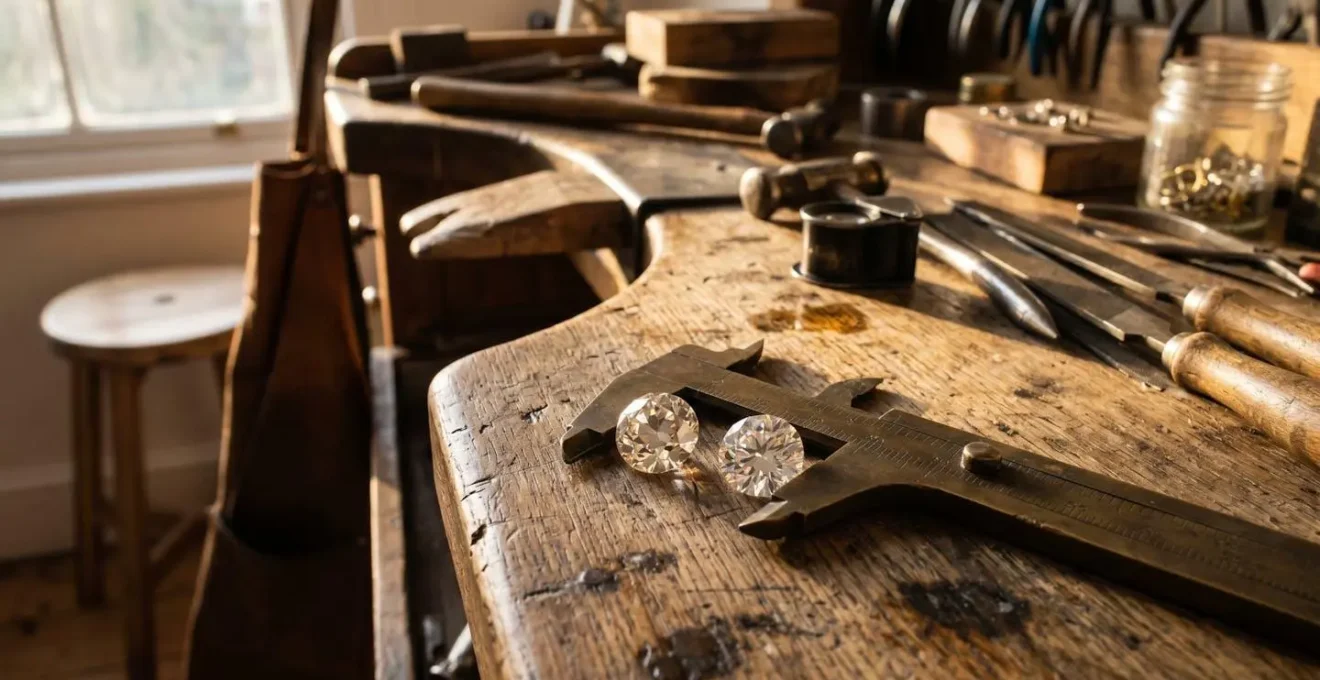 Side-by-side view of a vintage Old European Cut diamond and a modern brilliant cut diamond on a workshop bench