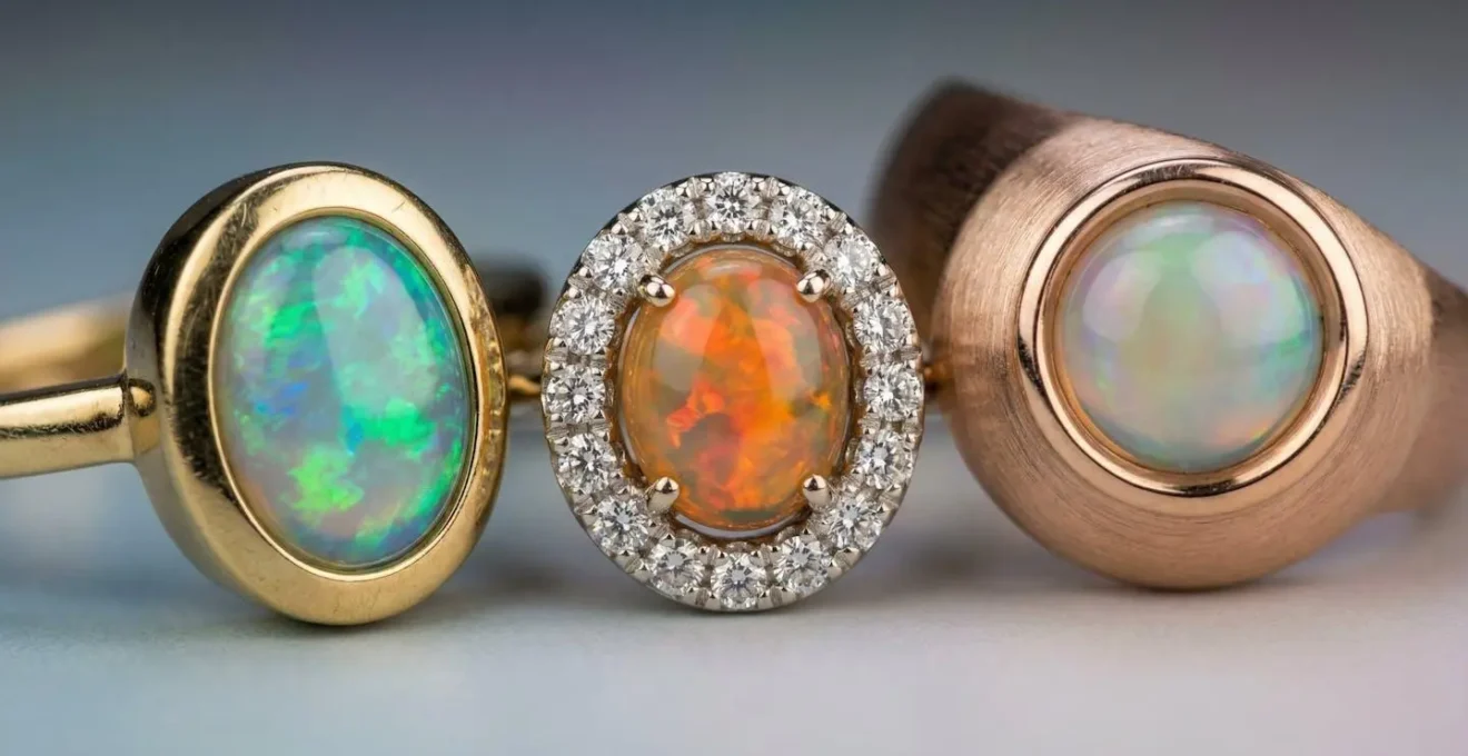Various protective ring settings for opal stones showing bezel and halo designs