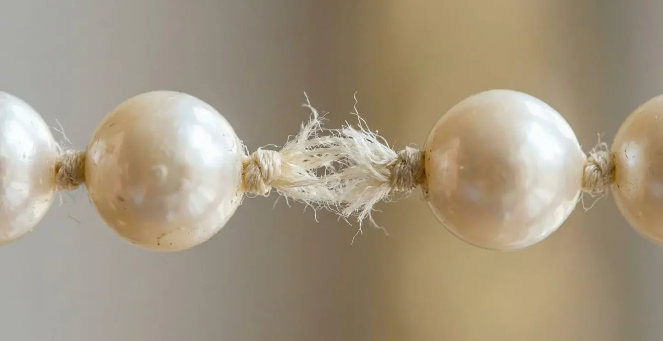 Close-up view of pearl necklace silk thread showing signs of wear and need for restringing