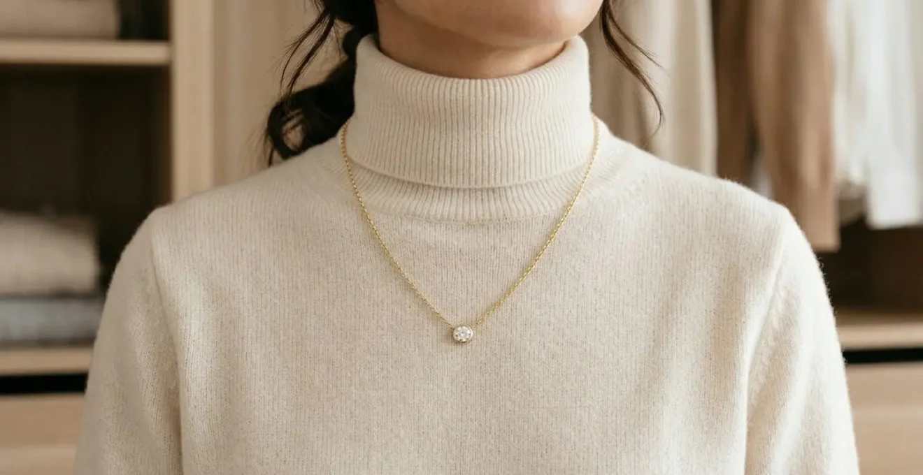 Diamond pendant draped elegantly over a luxurious cashmere turtleneck sweater