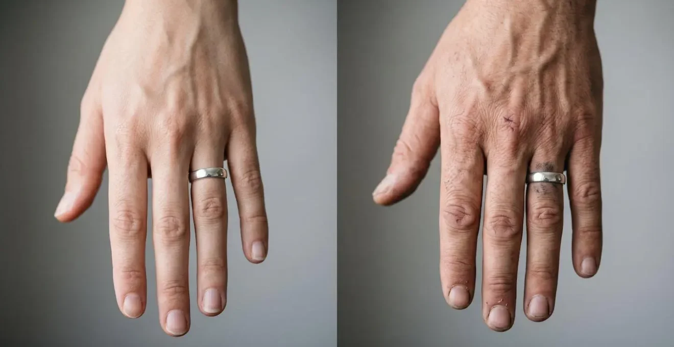 Split composition showing two hands wearing identical silver rings with different tarnish reactions