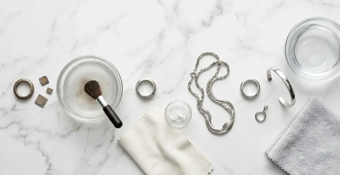 Step-by-step visual guide showing platinum jewelry cleaning and polishing techniques