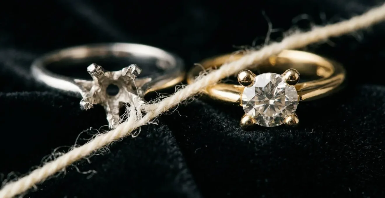 Extreme close-up of diamond ring prong settings showing smooth versus sharp finishing details