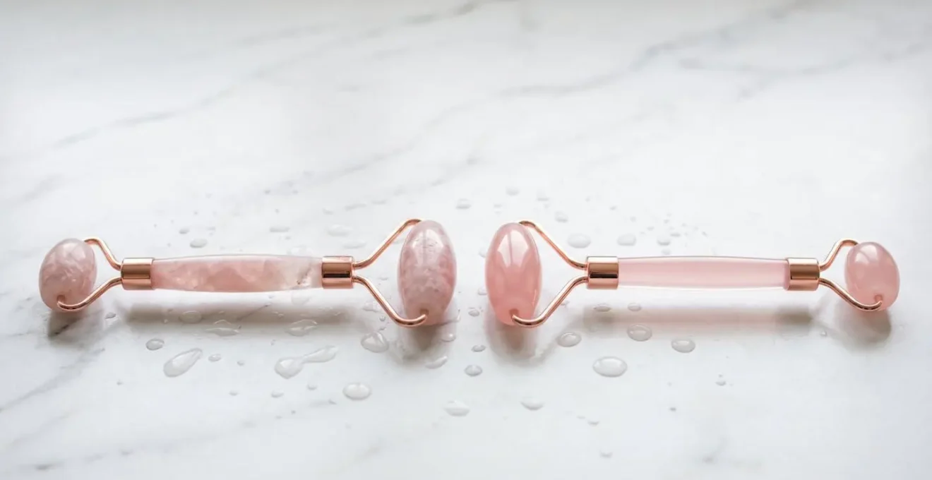 Comparison of genuine rose quartz roller showing natural inclusions versus glass imitation with uniform color