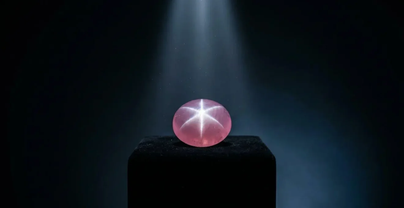 Rose quartz cabochon displaying six-ray star effect under focused light beam