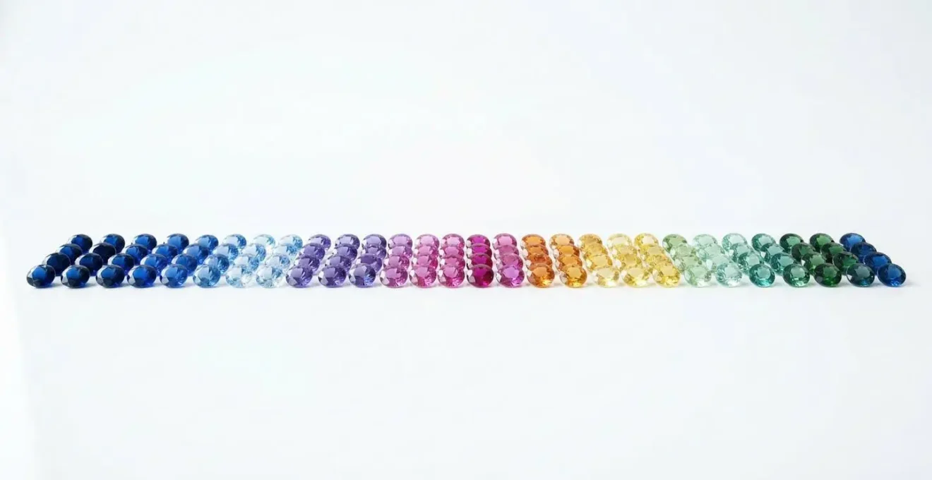 Array of sapphires in various colors from blue to pink, yellow, and padparadscha