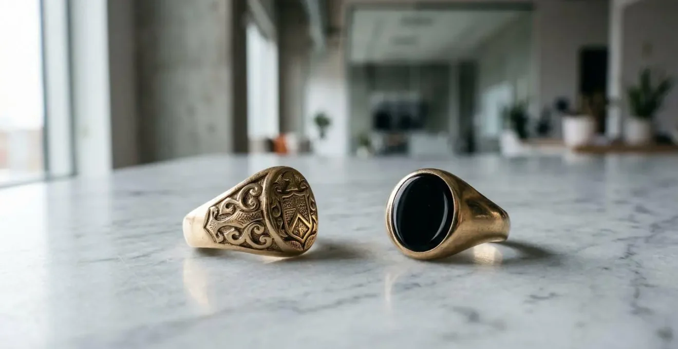 Comparison of family crest and gemstone signet rings in modern setting