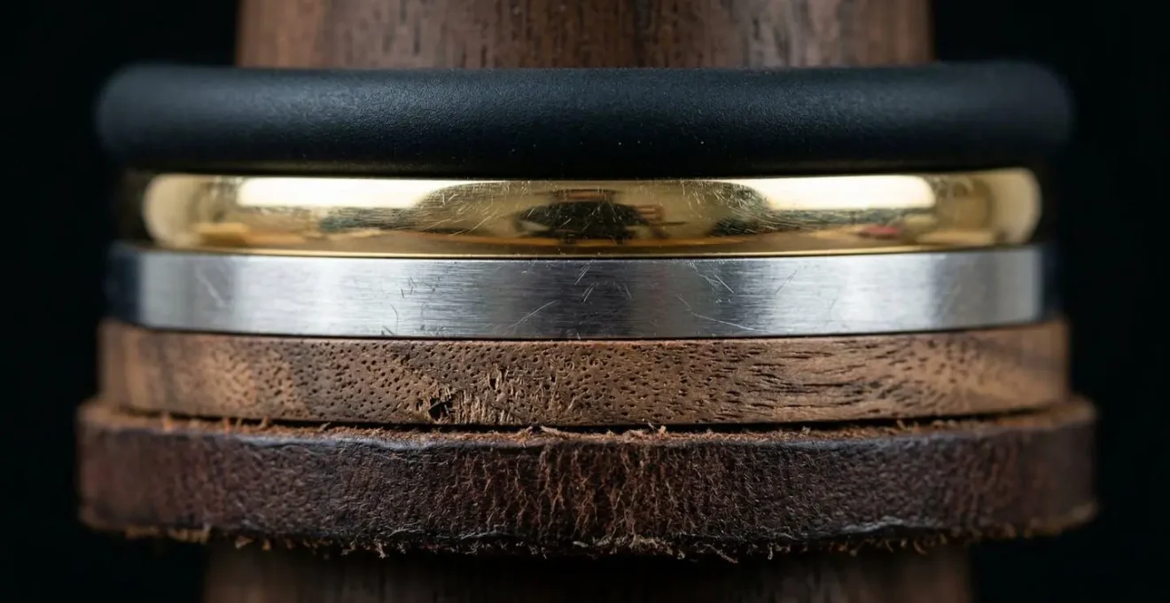 Cross-section view of different bangle materials stacked showing sound absorption properties