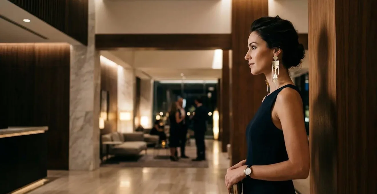 Elegant woman at formal event wearing dramatic statement earrings