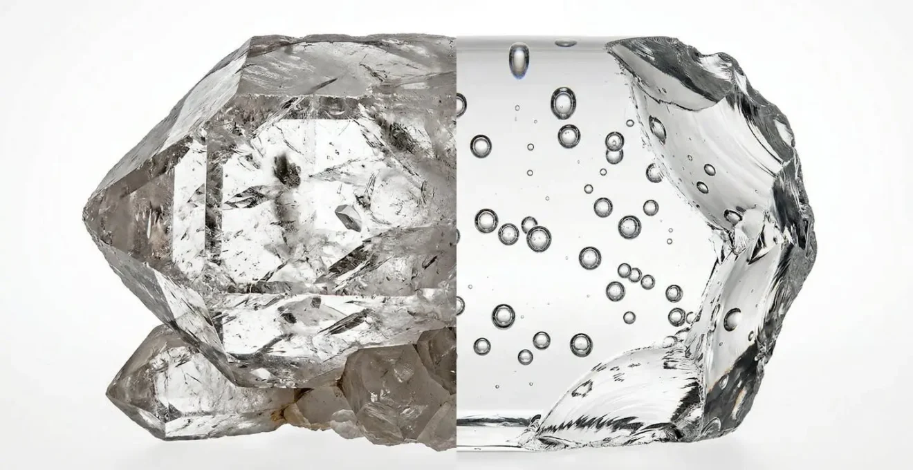 Close-up comparison of quartz crystal and glass showing surface texture differences under magnification