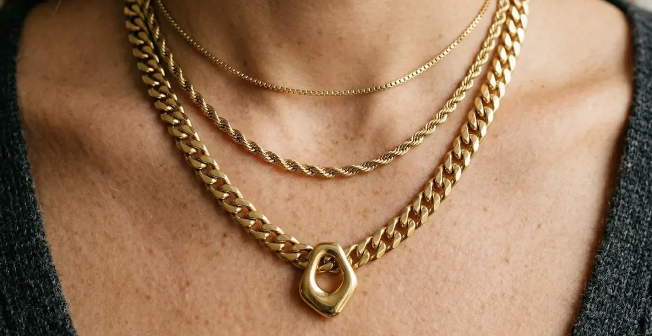 Close-up of three perfectly layered gold chains at different lengths showing texture variation