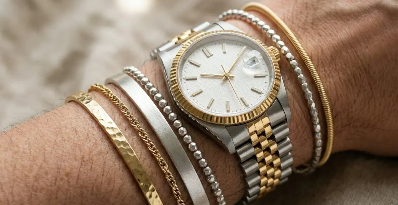 Close-up of a wrist wearing a two-tone watch with stacked gold and silver bracelets