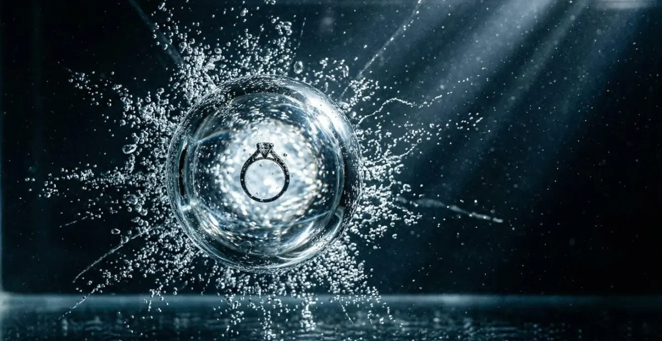 Microscopic view of cavitation bubbles collapsing against pave diamond settings