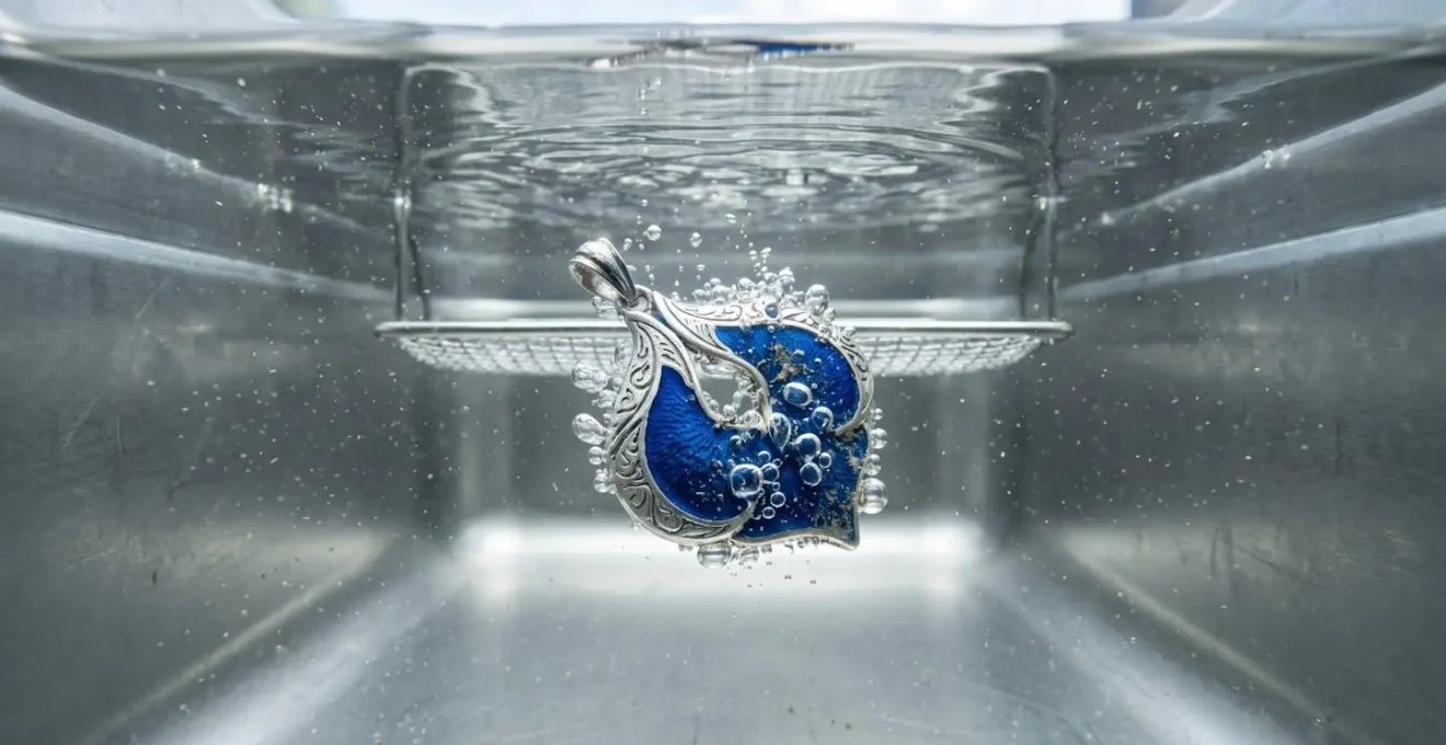 Underwater view of cavitation bubbles forming around enamel jewelry
