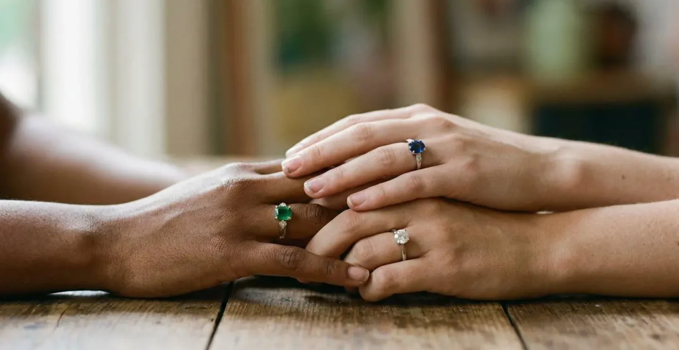 Array of sapphire, emerald and diamond rings on diverse skin tones