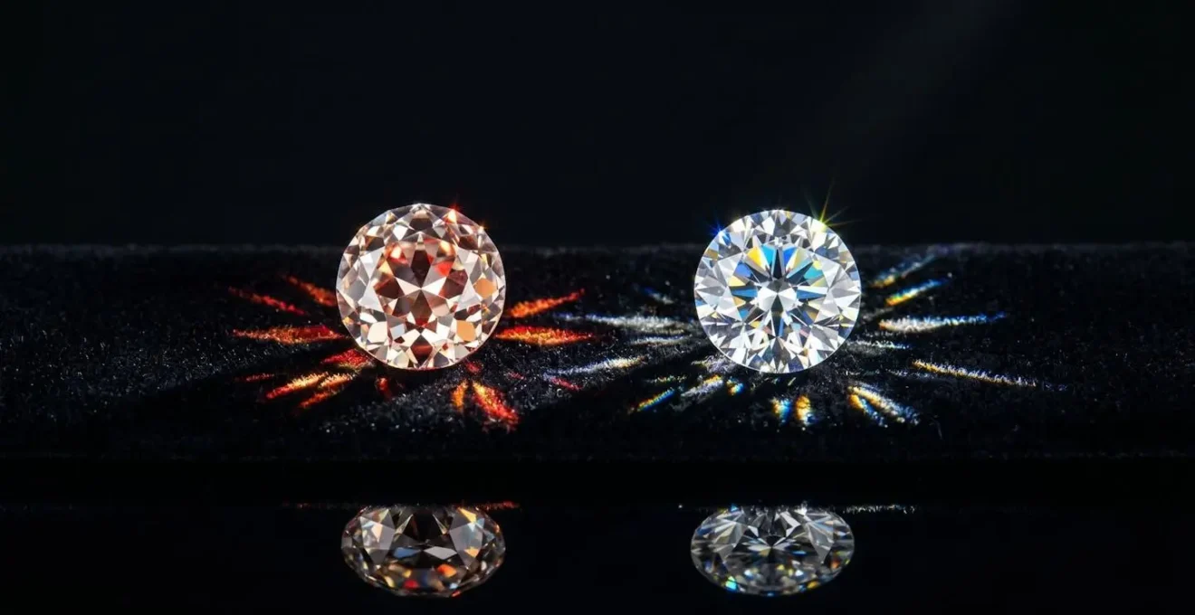 Side-by-side comparison of old mine cut and modern brilliant cut diamonds under different lighting