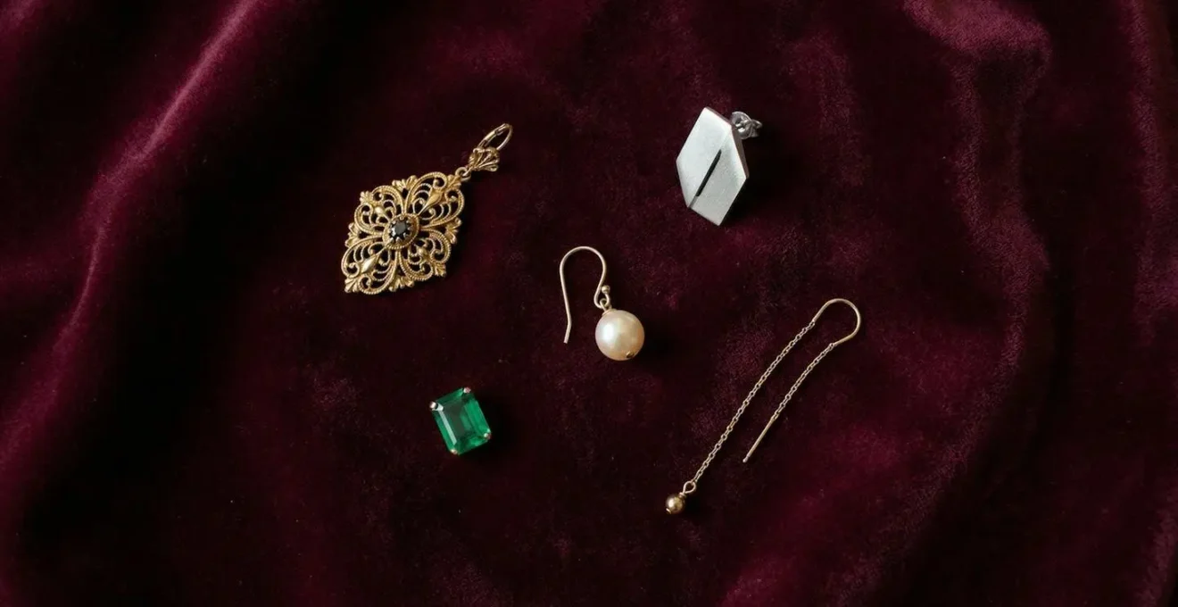 Overhead view of vintage and artisan single earrings arranged on velvet
