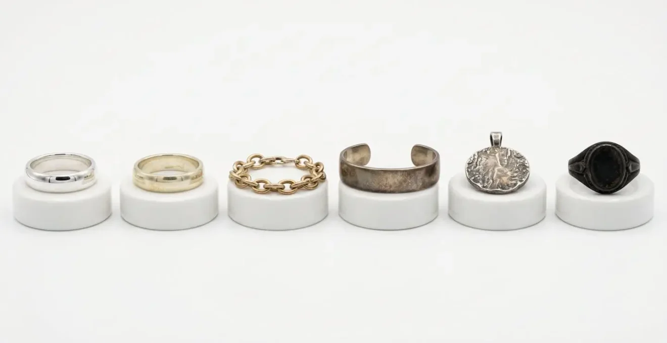 Close-up comparison of silver jewelry pieces showing different tarnish levels from light yellow to deep black