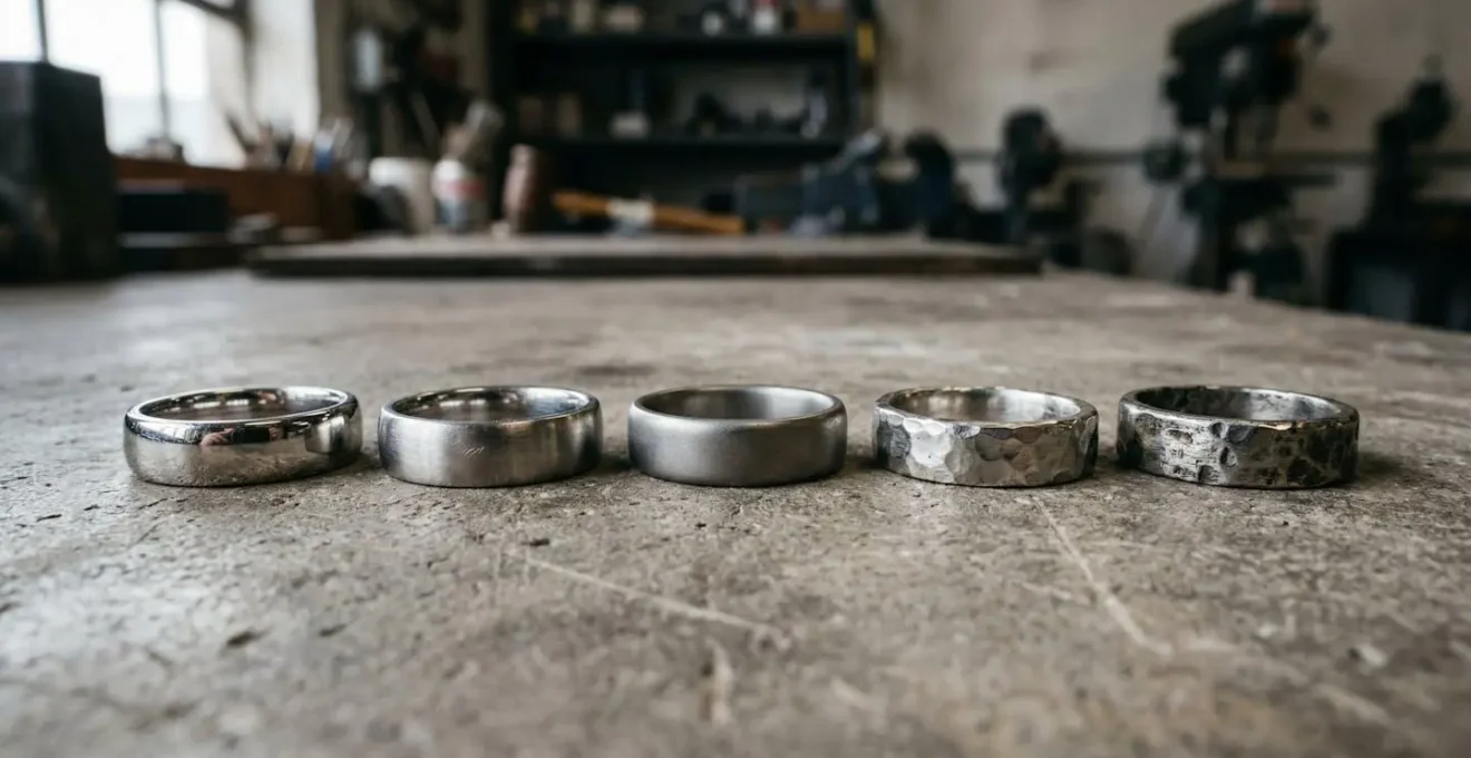 Five wedding bands showing different finishes from polished to hammered, displaying varying levels of wear patterns