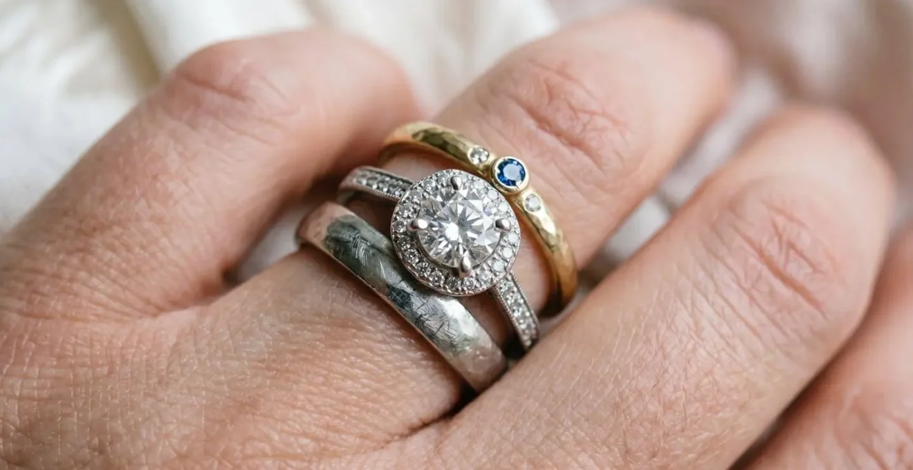 Artistic arrangement showing the evolution of rings from promise to wedding